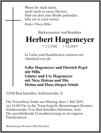 Anzeige  Herbert Hagemeyer  Lippische Landes-Zeitung