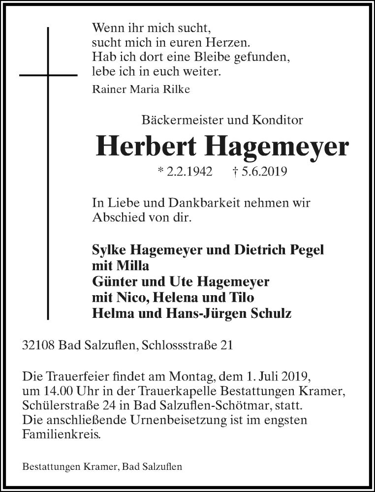  Traueranzeige für Herbert Hagemeyer vom 08.06.2019 aus Lippische Landes-Zeitung