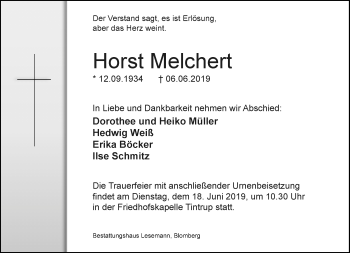 Anzeige  Horst Melchert  Lippische Landes-Zeitung