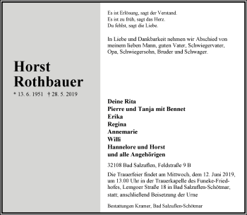 Anzeige  Horst Rothbauer  Lippische Landes-Zeitung