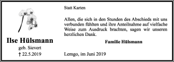 Anzeige  Ilse Hülsmann  Lippische Landes-Zeitung