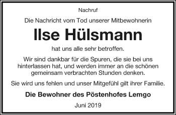 Anzeige  Ilse Hülsmann  Lippische Landes-Zeitung