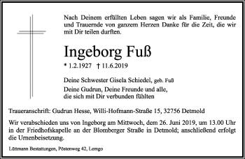 Anzeige  Ingeborg Fuß  Lippische Landes-Zeitung