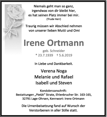 Anzeige  Irene Ortmann  Lippische Landes-Zeitung