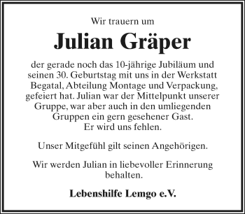 Anzeige  Julian Gräper  Lippische Landes-Zeitung