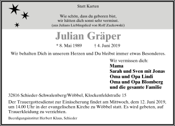 Anzeige  Julian Gräper  Lippische Landes-Zeitung