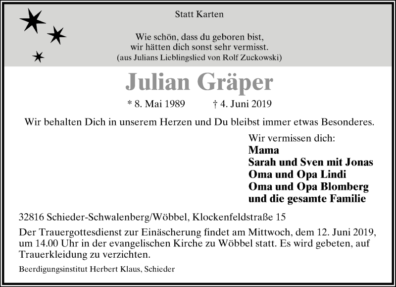  Traueranzeige für Julian Gräper vom 08.06.2019 aus Lippische Landes-Zeitung