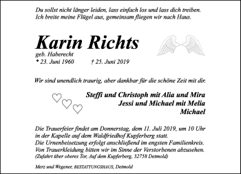 Anzeige  Karin Richts  Lippische Landes-Zeitung