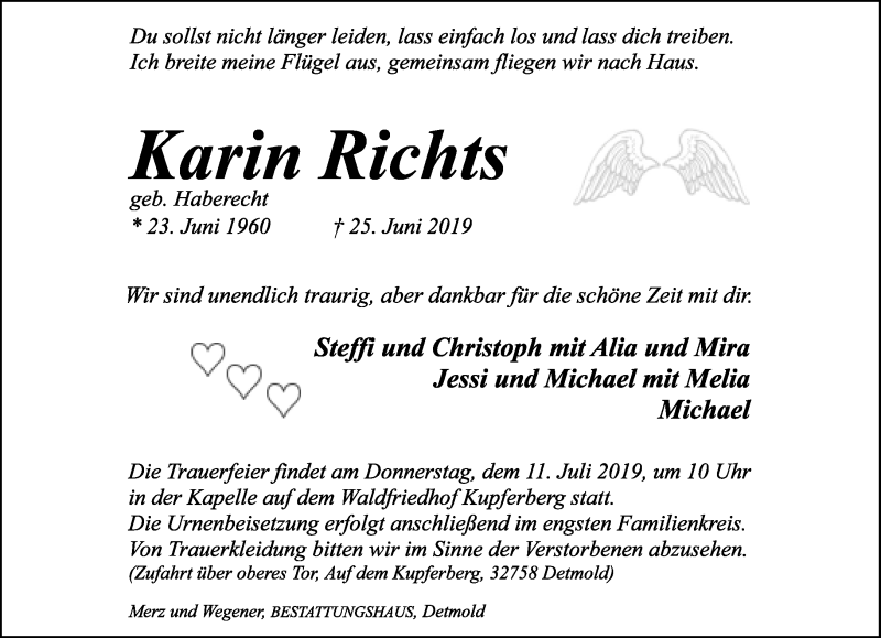  Traueranzeige für Karin Richts vom 29.06.2019 aus Lippische Landes-Zeitung