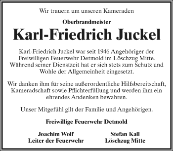 Anzeige  Karl-Friedrich Juckel  Lippische Landes-Zeitung