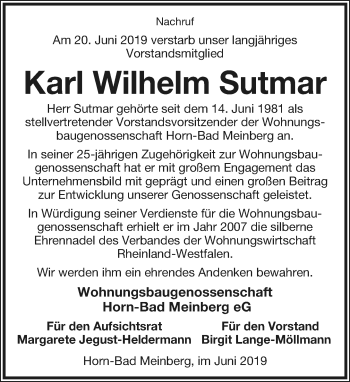 Anzeige  Karl Wilhelm Sutmar  Lippische Landes-Zeitung
