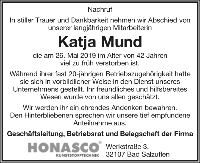  Traueranzeige für Katja Mund vom 22.06.2019 aus Lippische Landes-Zeitung