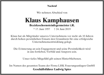 Anzeige  Klaus Kamphausen  Lippische Landes-Zeitung