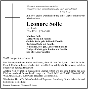 Anzeige  Leonore Solle  Lippische Landes-Zeitung