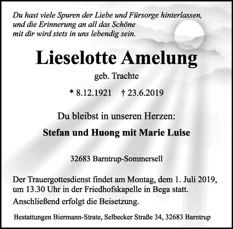  Traueranzeige für Lieselotte Amelung vom 26.06.2019 aus Lippische Landes-Zeitung