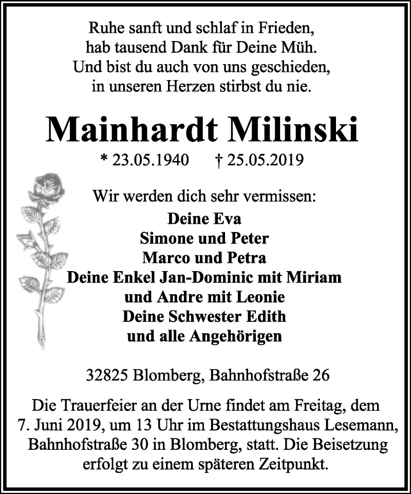  Traueranzeige für Mainhardt Milinski vom 01.06.2019 aus Lippische Landes-Zeitung