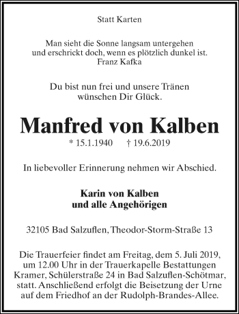 Anzeige  Manfred von Kalben  Lippische Landes-Zeitung
