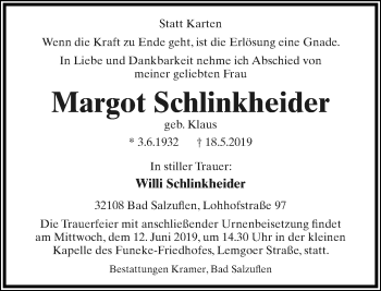 Anzeige  Margot Schlinkheider  Lippische Landes-Zeitung