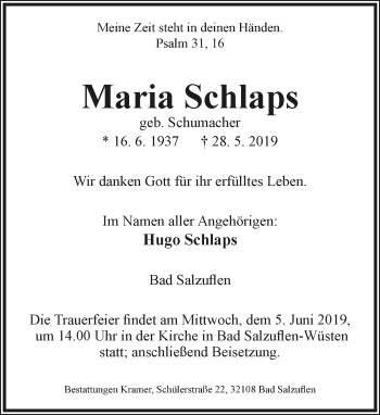 Anzeige  Maria Schlaps  Lippische Landes-Zeitung
