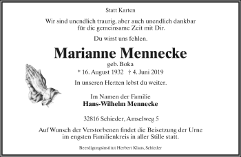 Anzeige  Marianne Mennecke  Lippische Landes-Zeitung