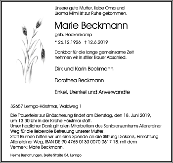 Anzeige  Marie Beckmann  Lippische Landes-Zeitung