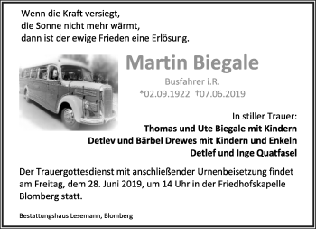 Anzeige  Martin Biegale  Lippische Landes-Zeitung