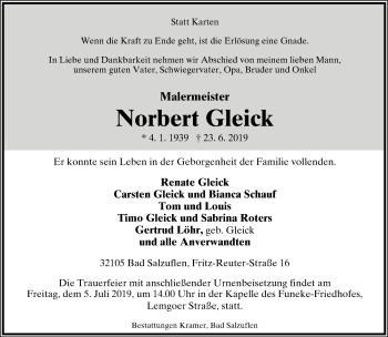 Anzeige  Norbert Gleick  Lippische Landes-Zeitung