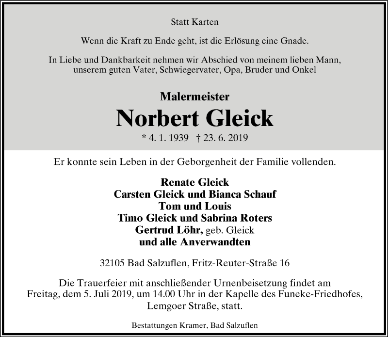  Traueranzeige für Norbert Gleick vom 29.06.2019 aus Lippische Landes-Zeitung