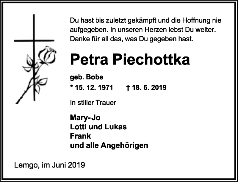  Traueranzeige für Petra Piechottka vom 22.06.2019 aus Lippische Landes-Zeitung