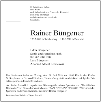 Anzeige  Rainer Büngener  Lippische Landes-Zeitung
