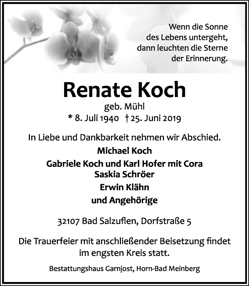  Traueranzeige für Renate Koch vom 29.06.2019 aus Lippische Landes-Zeitung