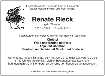 Anzeige  Renate Rieck  Lippische Landes-Zeitung