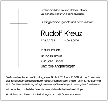 Anzeige  Rudolf Kreuz  Lippische Landes-Zeitung