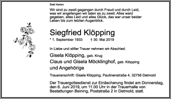 Anzeige  Siegfried Klöpping  Lippische Landes-Zeitung