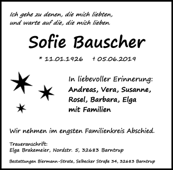 Anzeige  Sofie Bauscher  Lippische Landes-Zeitung