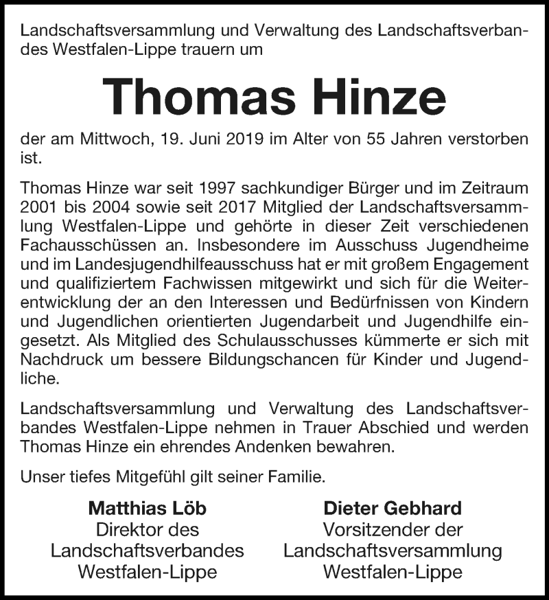  Traueranzeige für Thomas Hinze vom 29.06.2019 aus Lippische Landes-Zeitung