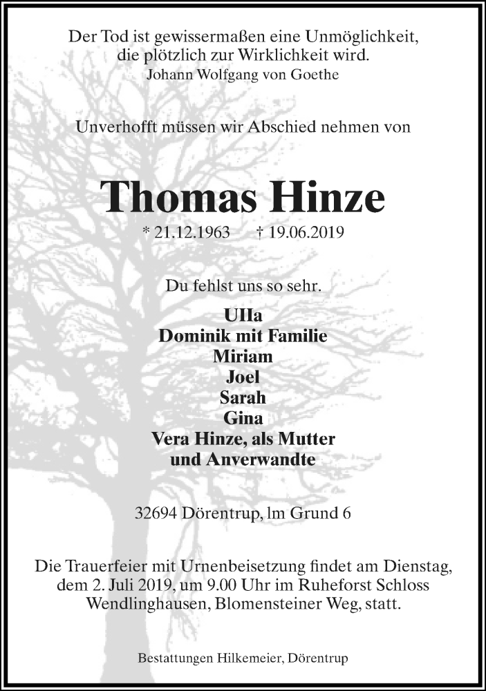  Traueranzeige für Thomas Hinze vom 29.06.2019 aus Lippische Landes-Zeitung