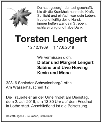 Anzeige  Torsten Lengert  Lippische Landes-Zeitung