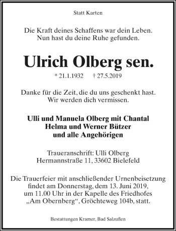 Anzeige  Ulrich Olberg  Lippische Landes-Zeitung