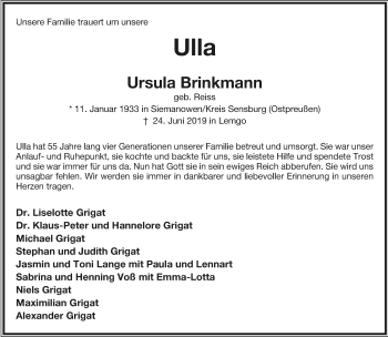 Anzeige  Ursula Brinkmann  Lippische Landes-Zeitung