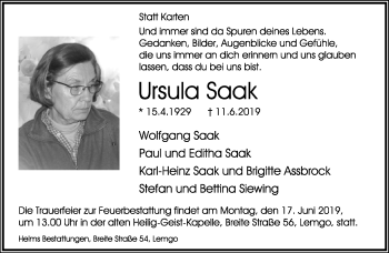 Anzeige  Ursula Saak  Lippische Landes-Zeitung