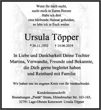 Anzeige  Ursula Töpper  Lippische Landes-Zeitung