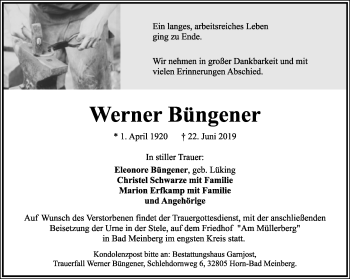 Anzeige  Werner Büngener  Lippische Landes-Zeitung