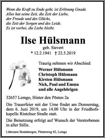 Anzeige  Ilse Hülsmann  Lippische Landes-Zeitung