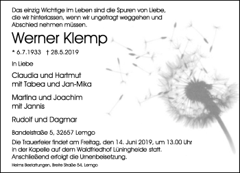 Anzeige  Werner Klemp  Lippische Landes-Zeitung