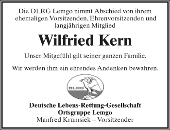Anzeige  Wilfried Kern  Lippische Landes-Zeitung