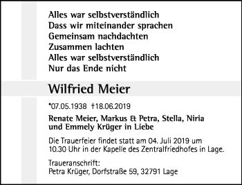 Anzeige  Wilfried Meier  Lippische Landes-Zeitung