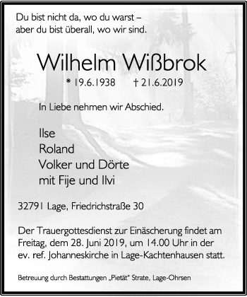Anzeige  Wilhelm Wißbrok  Lippische Landes-Zeitung