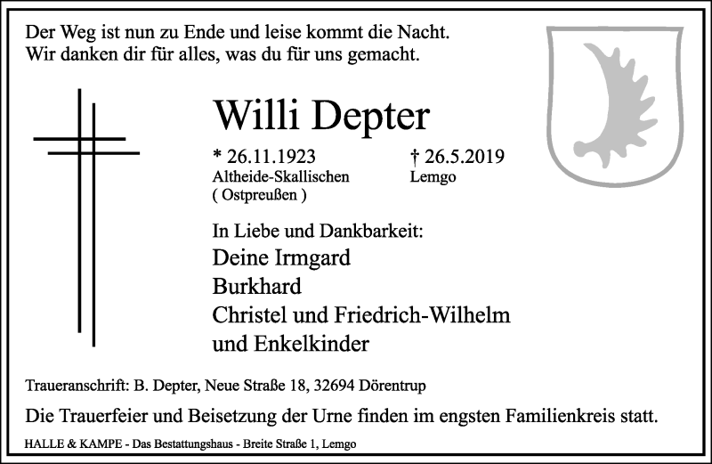  Traueranzeige für Willi Depter vom 08.06.2019 aus Lippische Landes-Zeitung