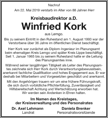 Anzeige  Winfried Kork  Lippische Landes-Zeitung